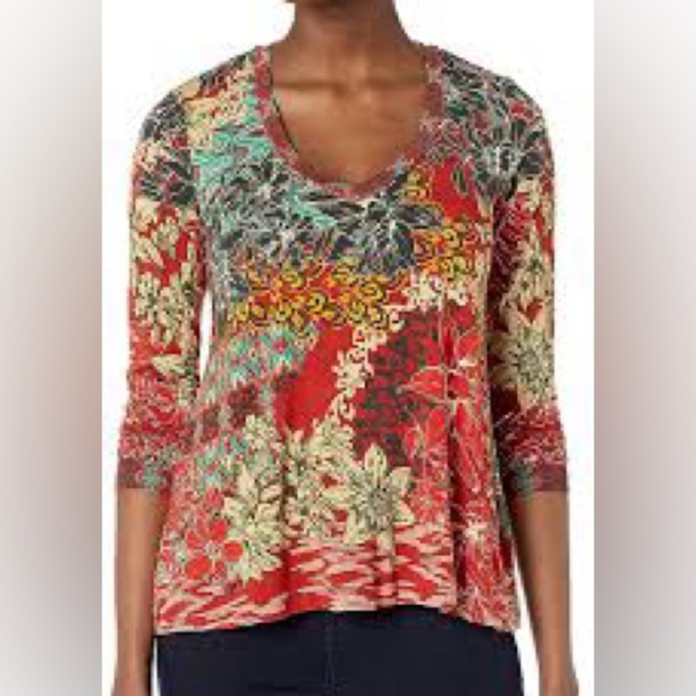 Johnny Was Ikat Patch Floral Print Bamboo Swing Tee | M
